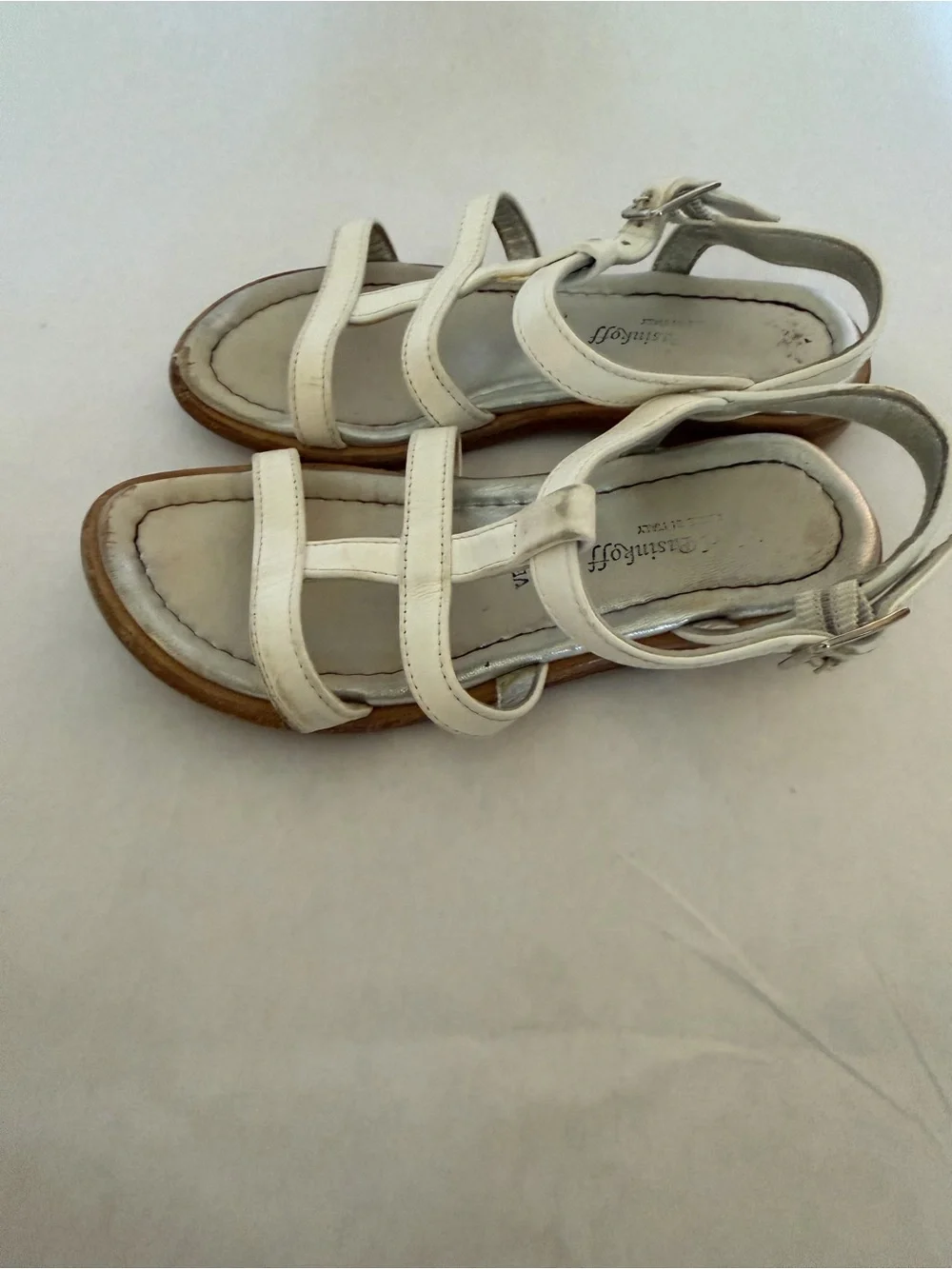 Vera Pelle White Leather T-Strap Kids Sandals